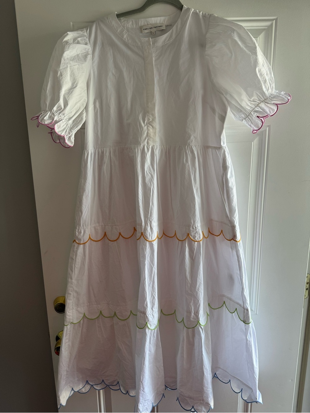 English Factory White Tiered Midi Dress with Multicolor Scallop Trim - Picture 4 of 7